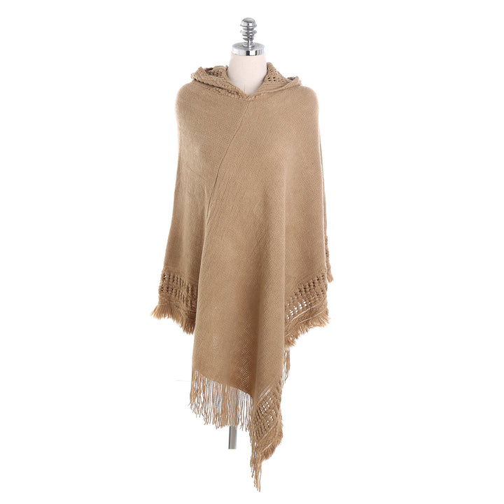 Damen Kapuzen-Poncho mit gehäkelter Bordüre und Fransensaum Drune