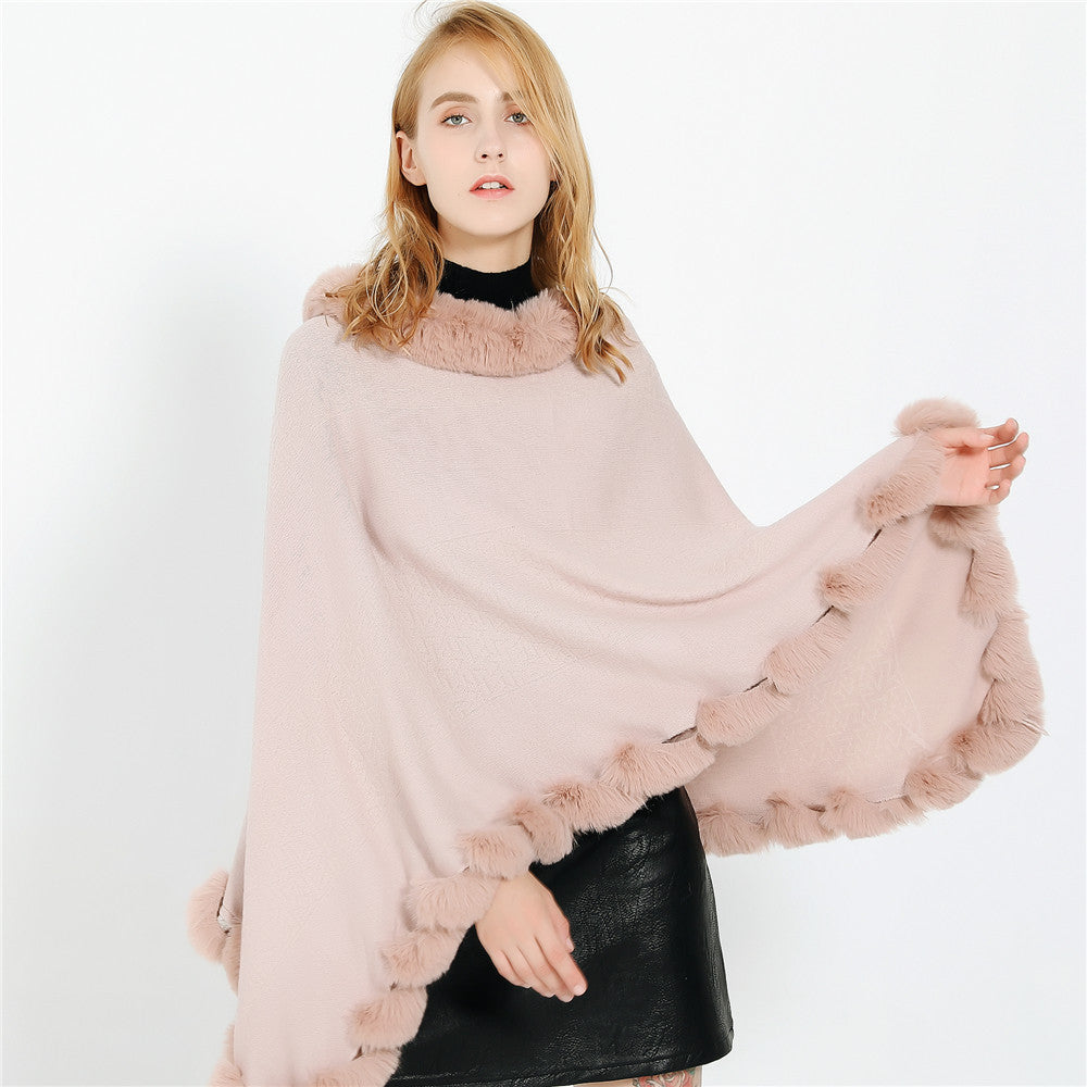 Damen Eleganter Capeponcho aus Wollmix mit Kunstfellbesatz und Pompon-Details Drune