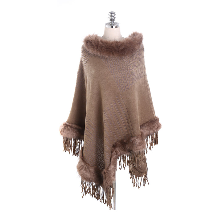 Damen Kaschmir-Touch Poncho mit Kunstfellbesatz, Fransen und weichfallender Oversize-Silhouette Drune