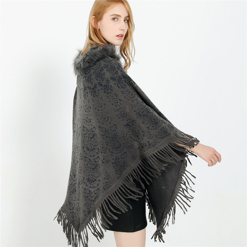 Damen Poncho‑Ruana mit Kunstfellkragen, Strukturjacquard und Fransensaum Drune