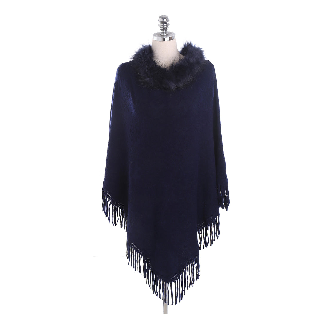 Damen Poncho‑Ruana mit Kunstfellkragen, Strukturjacquard und Fransensaum Drune