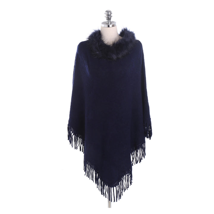 Damen Poncho‑Ruana mit Kunstfellkragen, Strukturjacquard und Fransensaum Drune