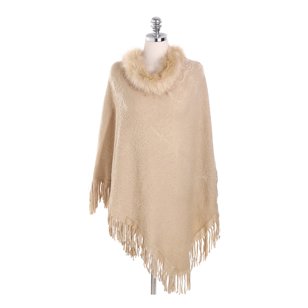 Damen Poncho‑Ruana mit Kunstfellkragen, Strukturjacquard und Fransensaum Drune