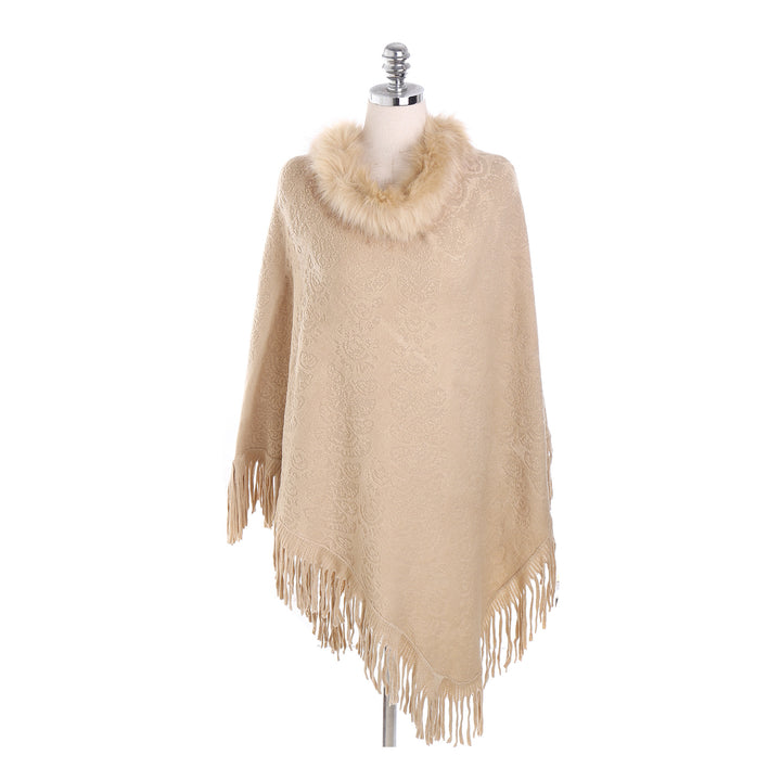 Damen Poncho‑Ruana mit Kunstfellkragen, Strukturjacquard und Fransensaum Drune