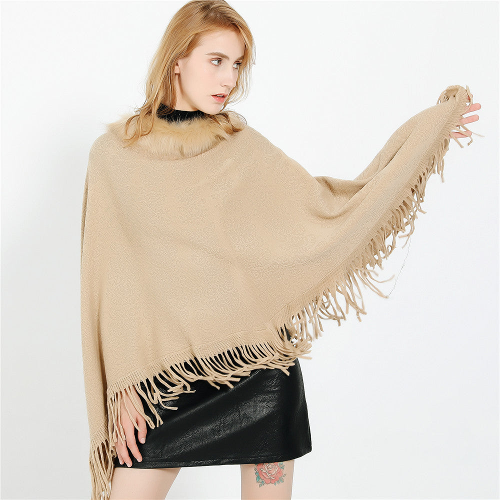 Damen Poncho‑Ruana mit Kunstfellkragen, Strukturjacquard und Fransensaum Drune