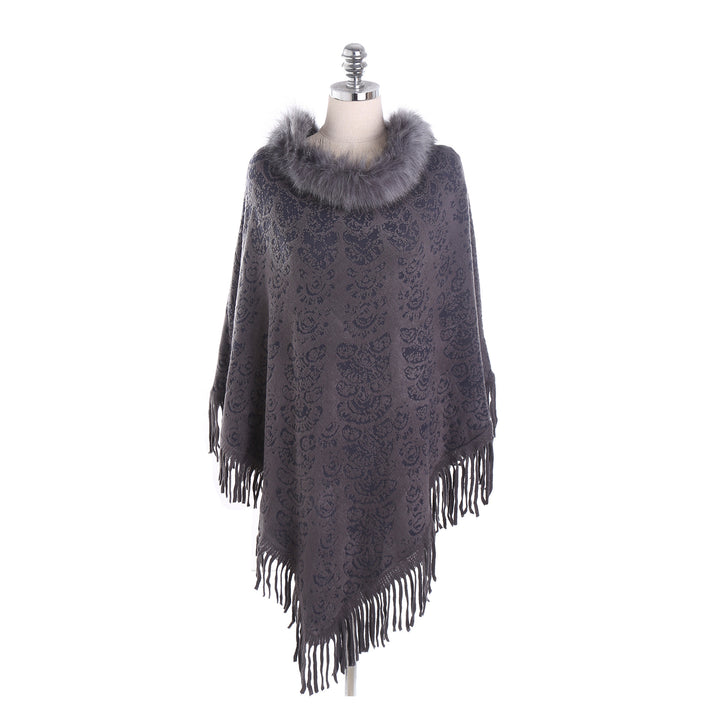 Damen Poncho‑Ruana mit Kunstfellkragen, Strukturjacquard und Fransensaum Drune