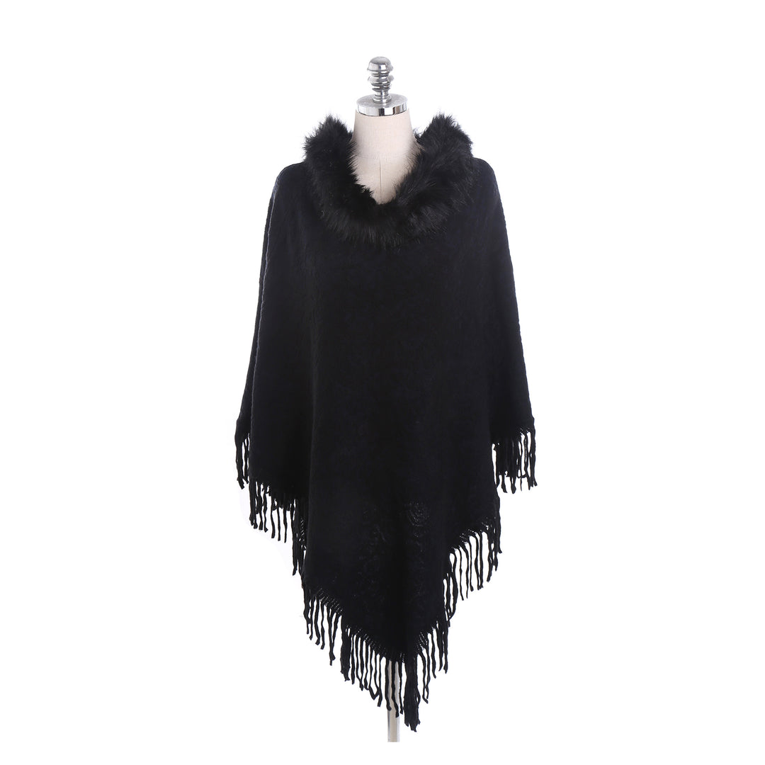 Damen Poncho‑Ruana mit Kunstfellkragen, Strukturjacquard und Fransensaum Drune