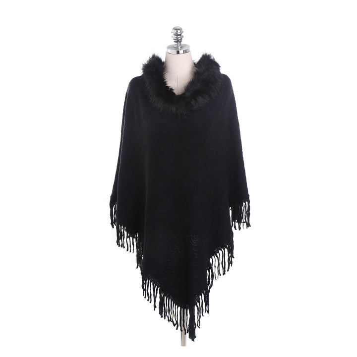 Damen Poncho‑Ruana mit Kunstfellkragen, Strukturjacquard und Fransensaum Drune