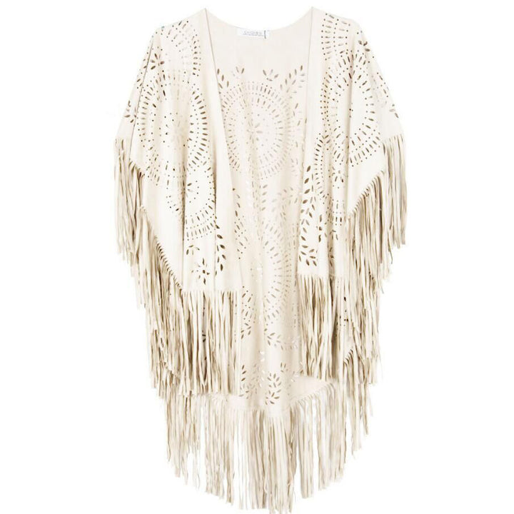 Damen Fransen-Poncho aus Wildlederimitat mit lasergeschnittenem Mandala-Design Drune