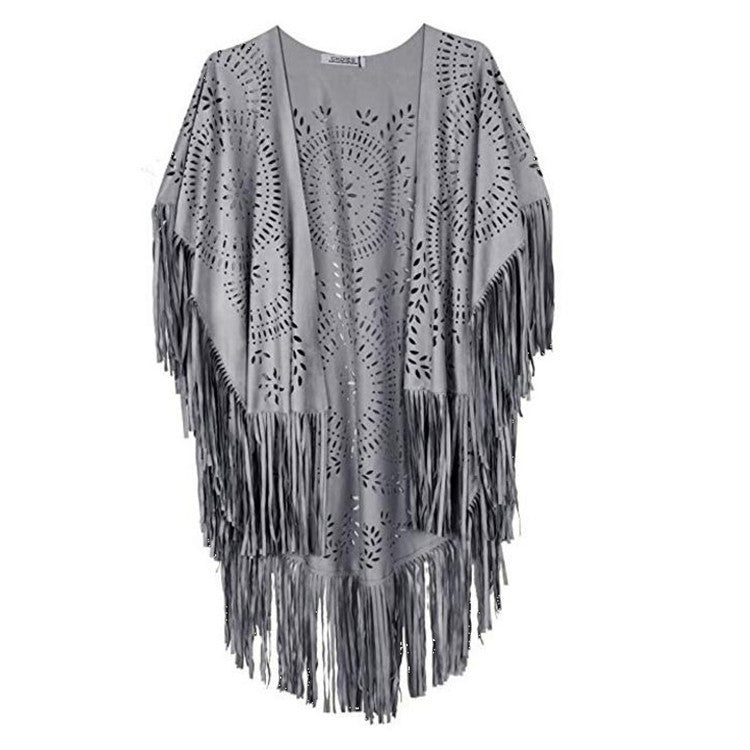 Damen Fransen-Poncho aus Wildlederimitat mit lasergeschnittenem Mandala-Design Drune