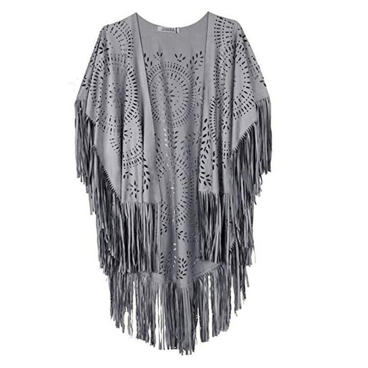 Damen Fransen-Poncho aus Wildlederimitat mit lasergeschnittenem Mandala-Design Drune