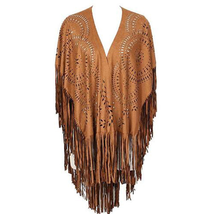 Damen Fransen-Poncho aus Wildlederimitat mit lasergeschnittenem Mandala-Design Drune