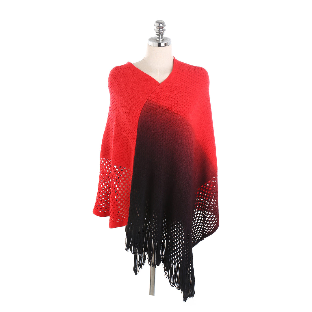 Damen Oversize-Strickruana mit Farbverlauf, Lochspitzen und Fransen Drune