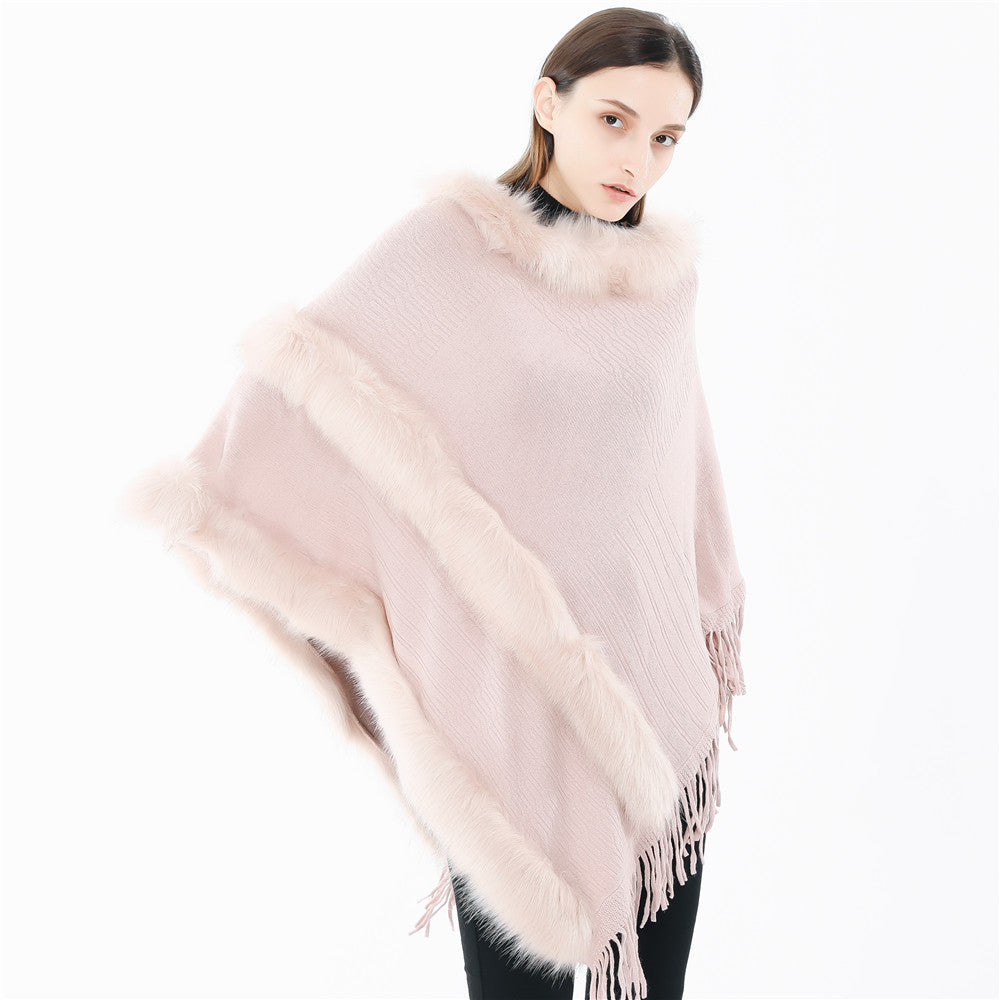 Damen Kuscheliger Wollmix‑Poncho mit Kunstfellbesatz und Fransen Drune