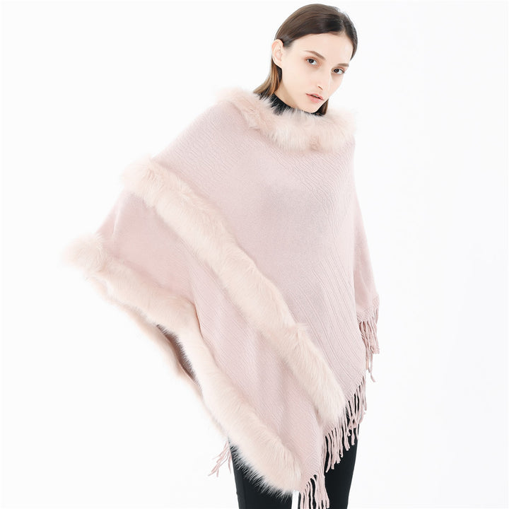 Damen Kuscheliger Wollmix‑Poncho mit Kunstfellbesatz und Fransen Drune