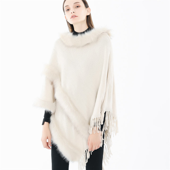 Damen Kuscheliger Wollmix‑Poncho mit Kunstfellbesatz und Fransen Drune