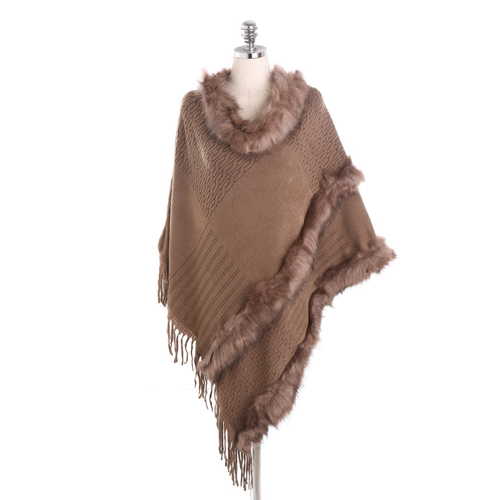 Damen Kuscheliger Wollmix‑Poncho mit Kunstfellbesatz und Fransen Drune