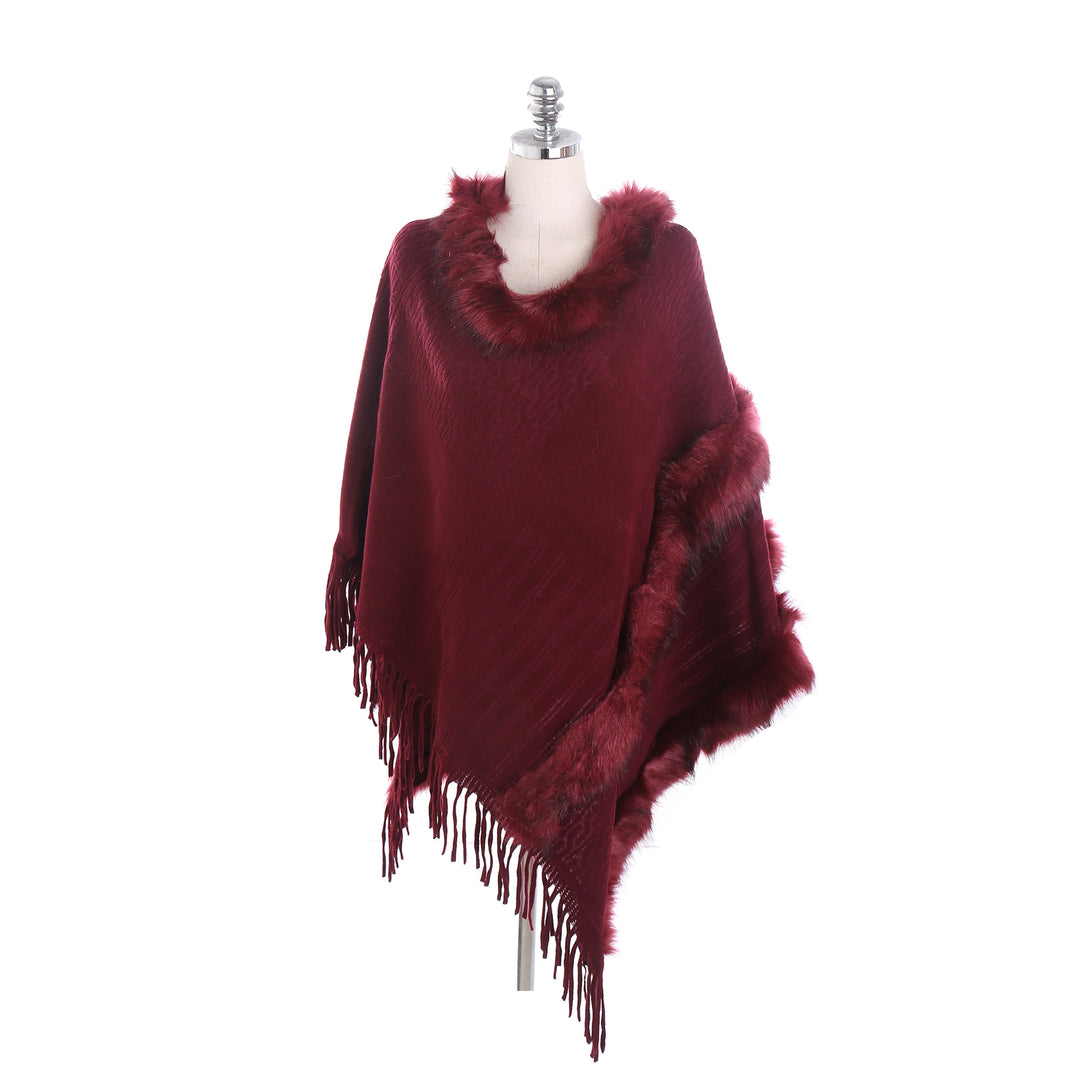 Damen Kuscheliger Wollmix‑Poncho mit Kunstfellbesatz und Fransen Drune
