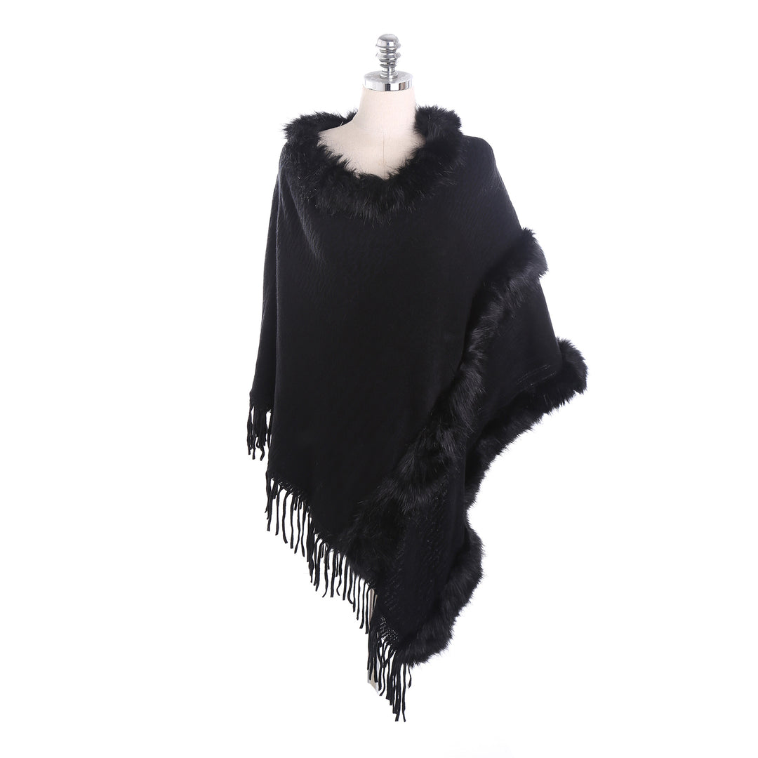 Damen Kuscheliger Wollmix‑Poncho mit Kunstfellbesatz und Fransen Drune
