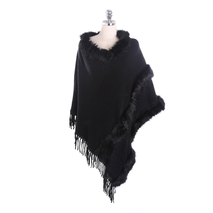 Damen Kuscheliger Wollmix‑Poncho mit Kunstfellbesatz und Fransen Drune