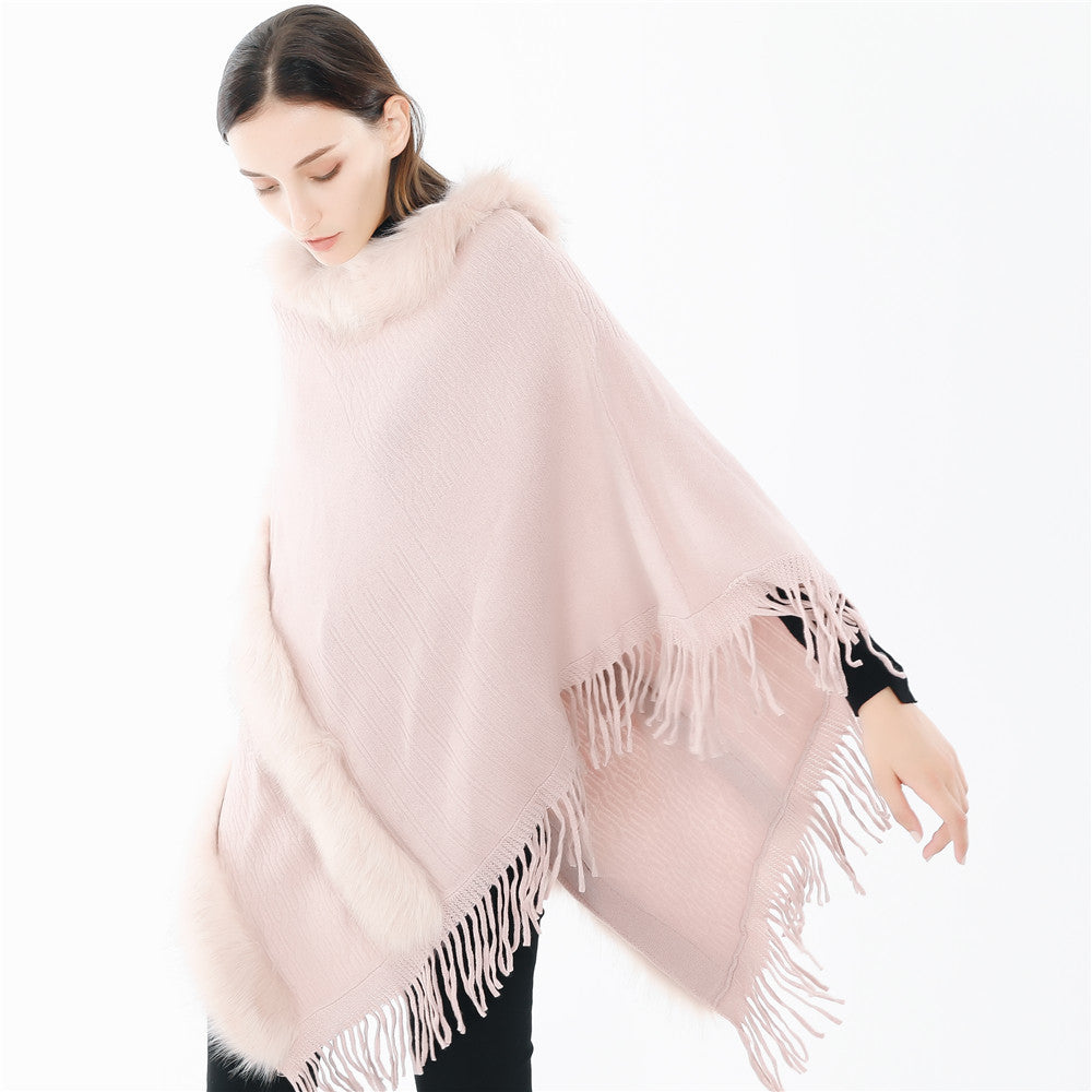 Damen Kuscheliger Wollmix‑Poncho mit Kunstfellbesatz und Fransen Drune