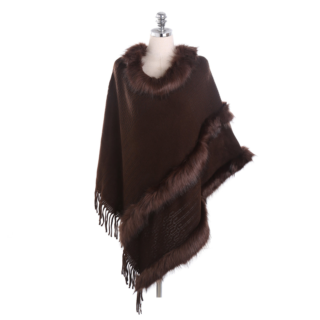 Damen Kuscheliger Wollmix‑Poncho mit Kunstfellbesatz und Fransen Drune