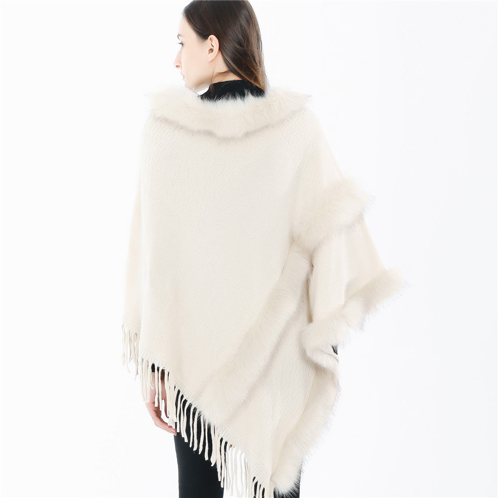 Damen Kuscheliger Wollmix‑Poncho mit Kunstfellbesatz und Fransen Drune