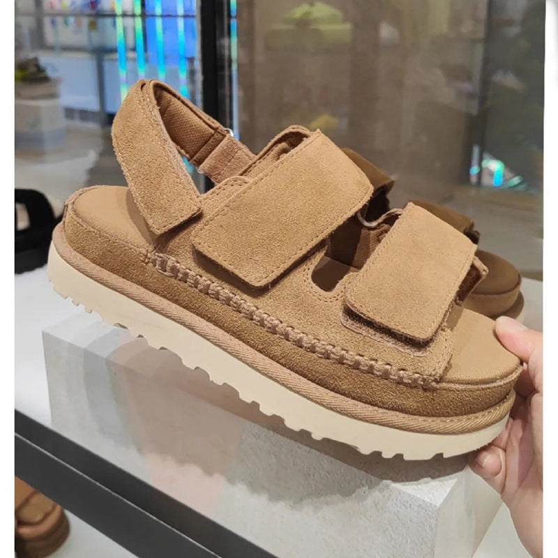 Drune | Frühling und Sommer Neue Echtes Leder Dicke Sohle Riemen Klettsandalen Frauen Offene Zehe Höhensteigerung