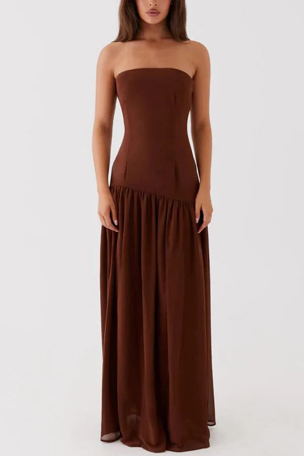 Drune | Eden Patchwork Semi-Transparent Chiffon Strapless Maxi-Kleid