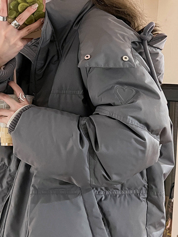 Drune | graue einfarbige Herz dekorierte Kapuzen-Pufferjacke