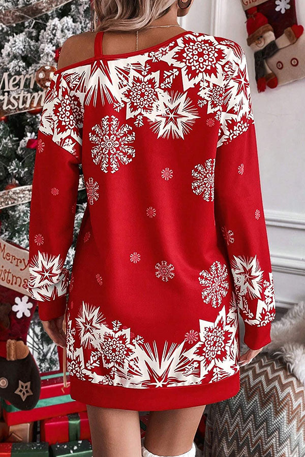 Drune | Weihnachts-Schneeflocke Kalt-Schulter Lockeres Sweatshirt Mini Kleid