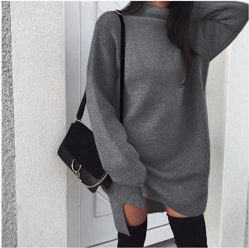 Damen nan Oversize Strickkleid mit Stehkragen, überschnittenen Schultern und seitlichem Oberschenkelschlitz Drune