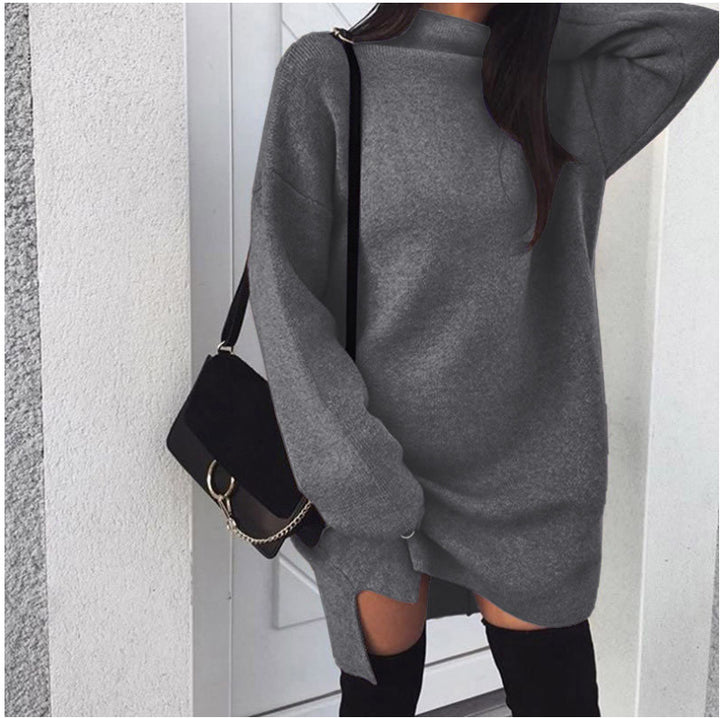 Damen nan Oversize Strickkleid mit Stehkragen, überschnittenen Schultern und seitlichem Oberschenkelschlitz Drune