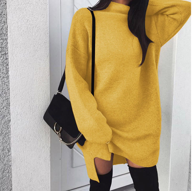 Damen nan Oversize Strickkleid mit Stehkragen, überschnittenen Schultern und seitlichem Oberschenkelschlitz Drune