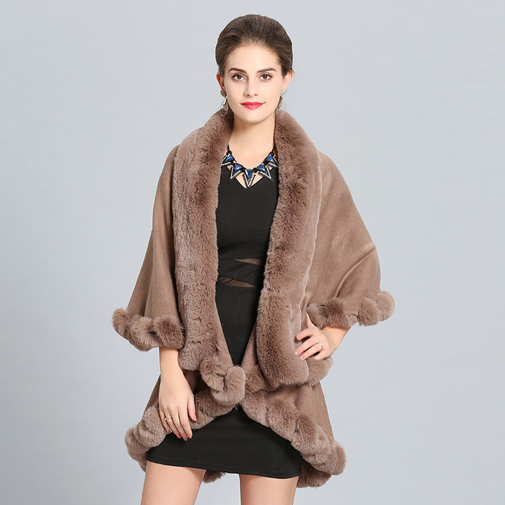 Damen Kapuzenponcho mit luxuriösem Fellkragen und eleganter Umrandung Drune