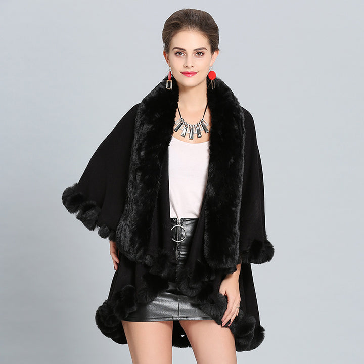 Damen Kapuzenponcho mit luxuriösem Fellkragen und eleganter Umrandung Drune