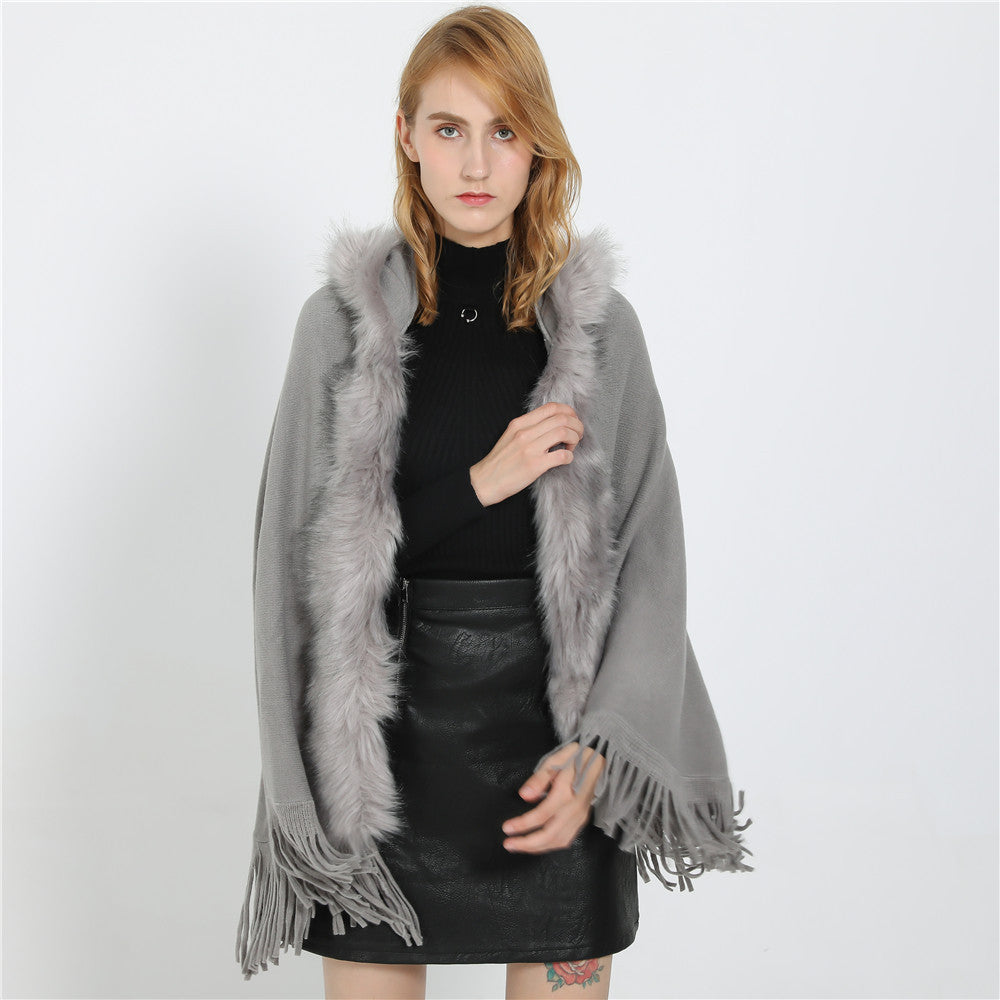 Damen Eleganter Wollmix-Umhangponcho mit abnehmbarem Kunstfellbesatz und Fransensaum Drune
