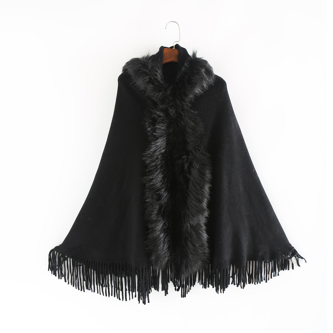 Damen Eleganter Wollmix-Umhangponcho mit abnehmbarem Kunstfellbesatz und Fransensaum Drune