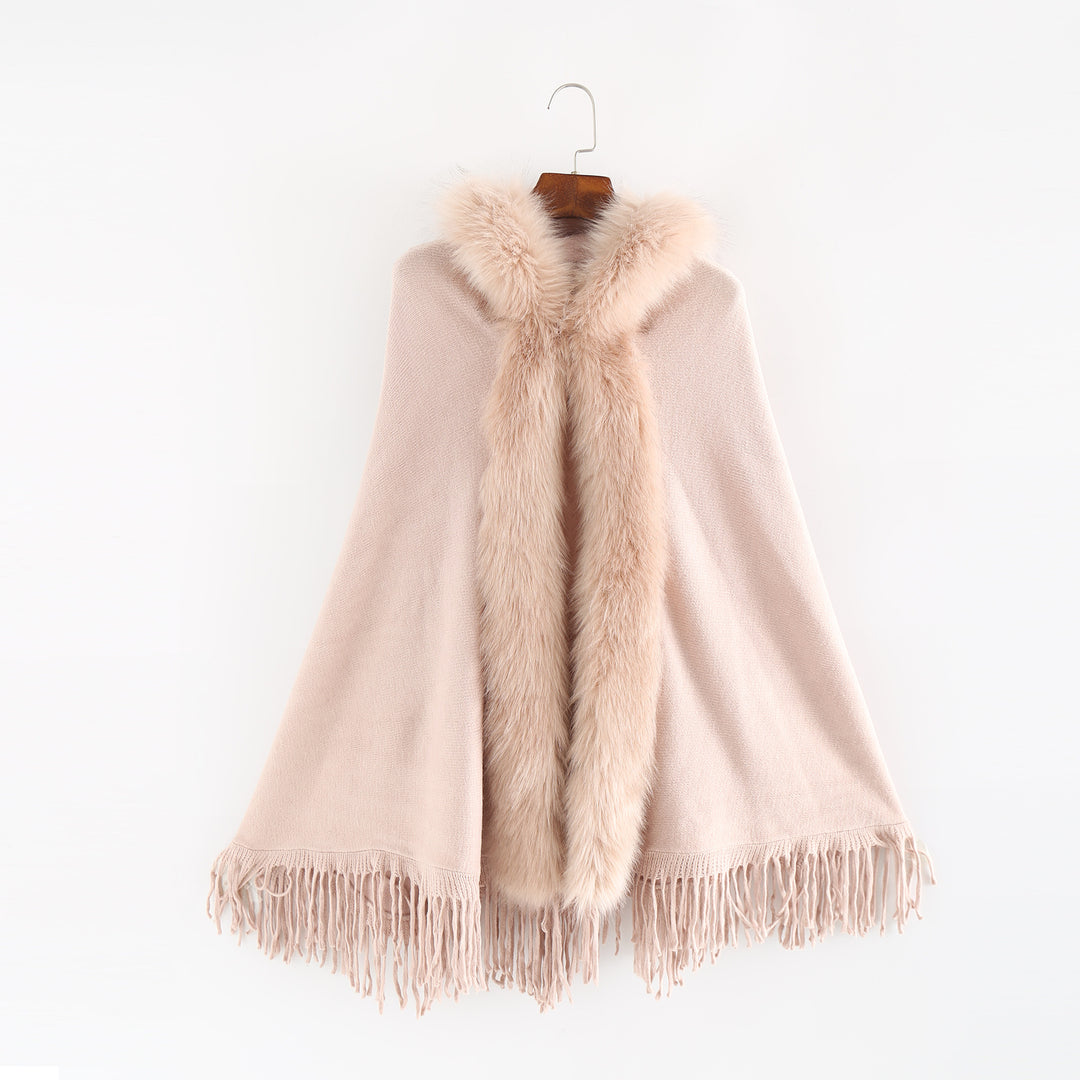 Damen Eleganter Wollmix-Umhangponcho mit abnehmbarem Kunstfellbesatz und Fransensaum Drune