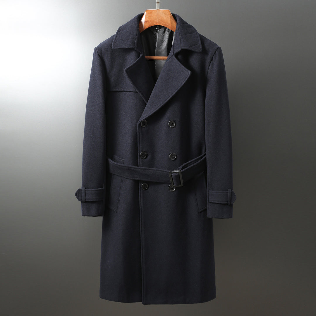 Herren Maxilanger Woll-Mantel im Trench-Look mit doppelreihiger Knopfleiste und Bindegürtel Drune