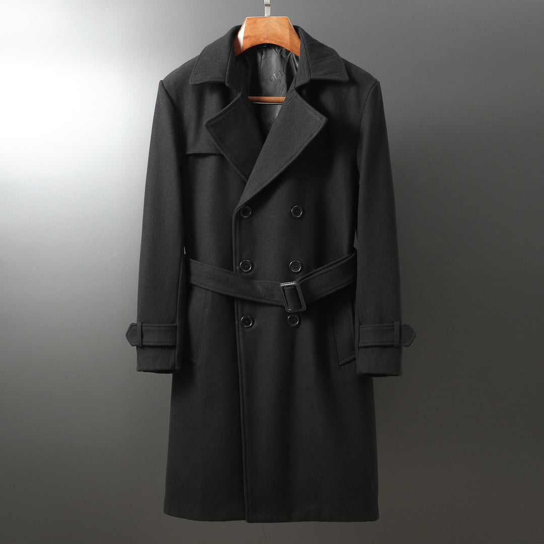 Herren Maxilanger Woll-Mantel im Trench-Look mit doppelreihiger Knopfleiste und Bindegürtel Drune