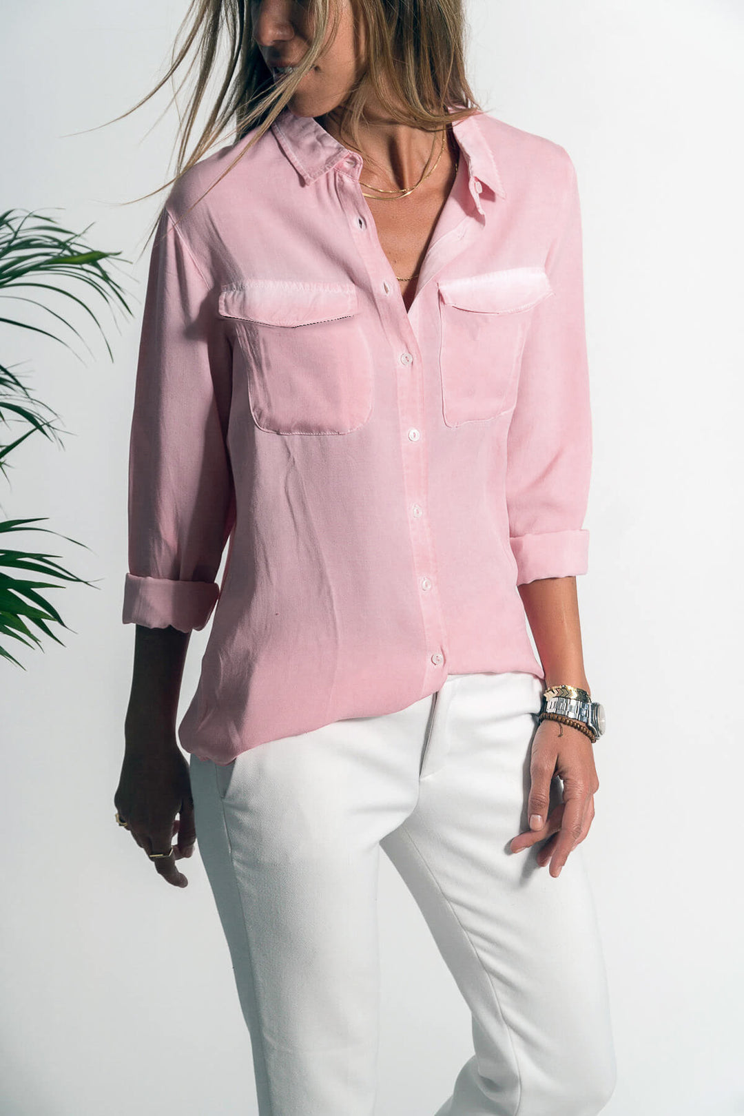 Damen Leichtes Hemd Bluse mit Brusttaschen und Lockerer Passform Drune
