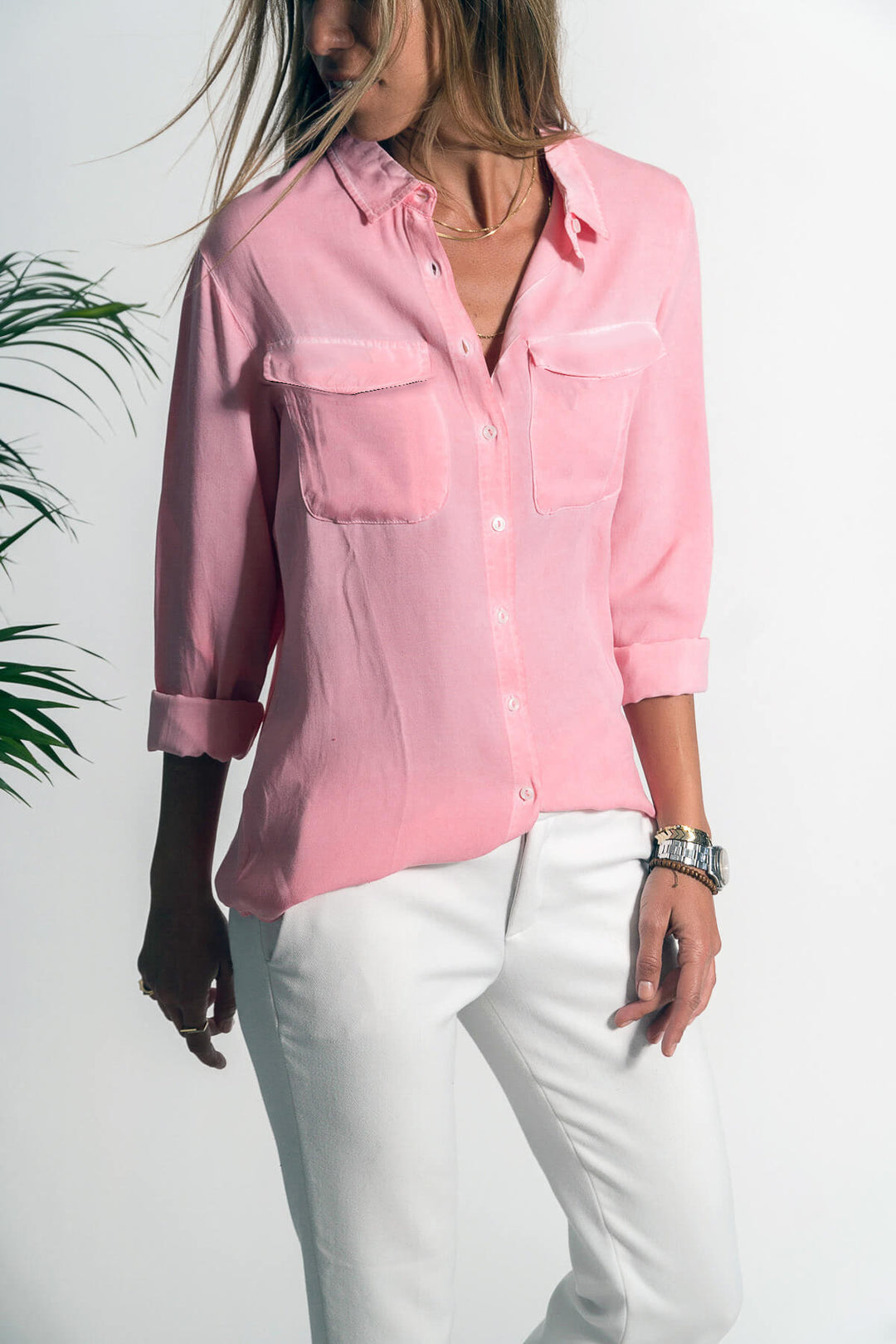 Damen Leichtes Hemd Bluse mit Brusttaschen und Lockerer Passform Drune