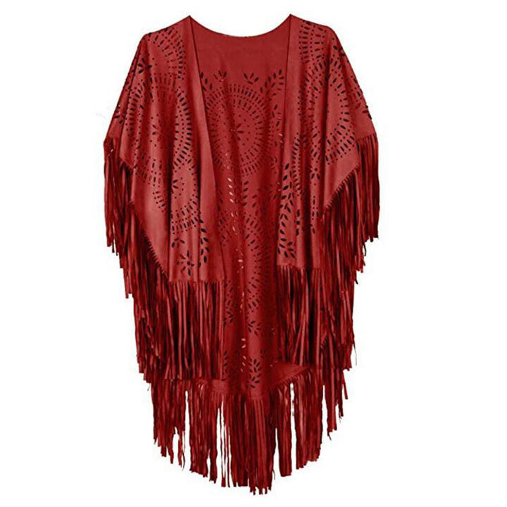 Damen Fransen-Poncho aus Wildlederimitat mit lasergeschnittenem Mandala-Design Drune