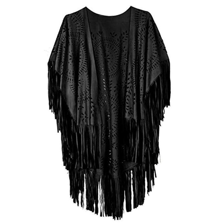 Damen Fransen-Poncho aus Wildlederimitat mit lasergeschnittenem Mandala-Design Drune