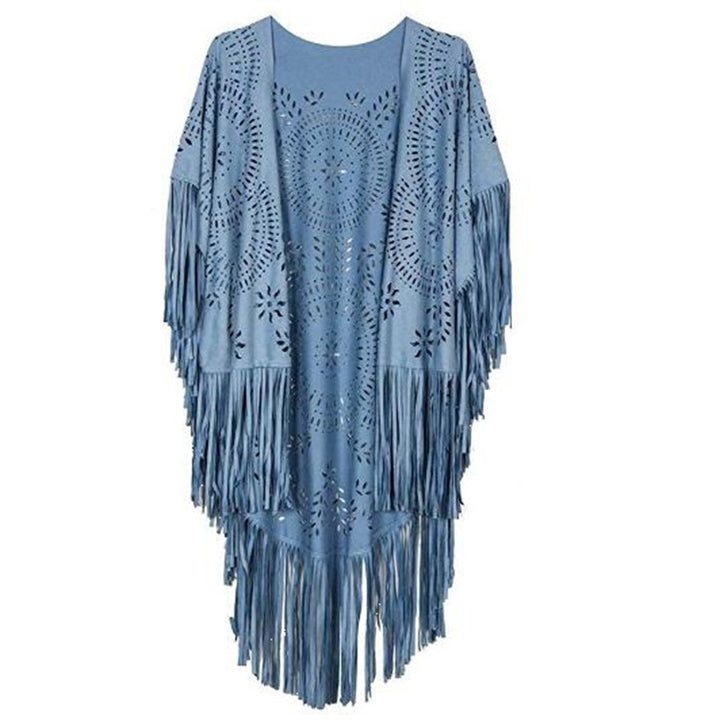 Damen Fransen-Poncho aus Wildlederimitat mit lasergeschnittenem Mandala-Design Drune