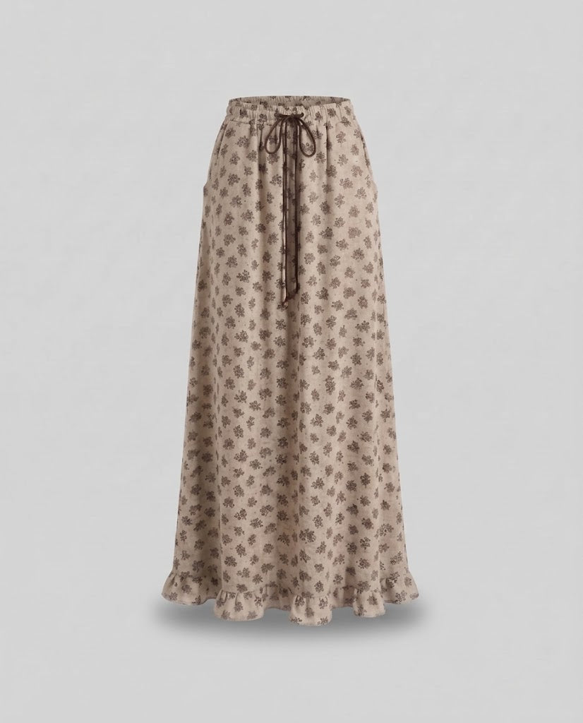 Damen Gemusteter Maxi-Strickrock mit Kordelzug und Rüschensaum Drune