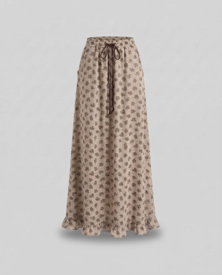 Damen Gemusteter Maxi-Strickrock mit Kordelzug und Rüschensaum Drune