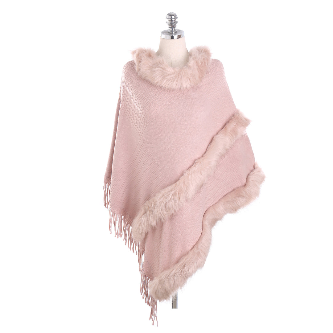 Damen Kuscheliger Wollmix‑Poncho mit Kunstfellbesatz und Fransen Drune