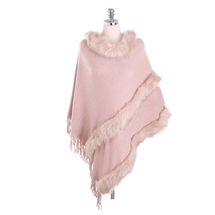 Damen Kuscheliger Wollmix‑Poncho mit Kunstfellbesatz und Fransen Drune